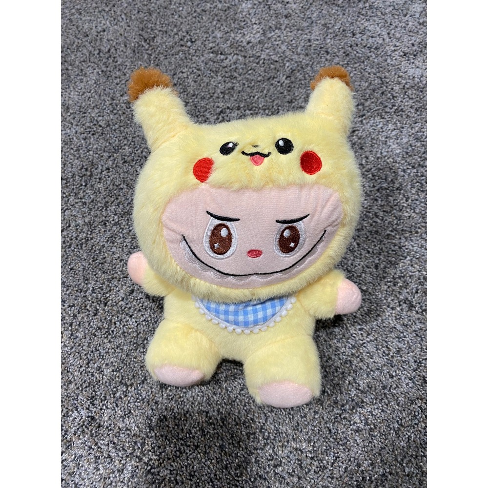 Labubu Plush Pikachu Outfit Yellow Gingham Bib Stuffed Toy